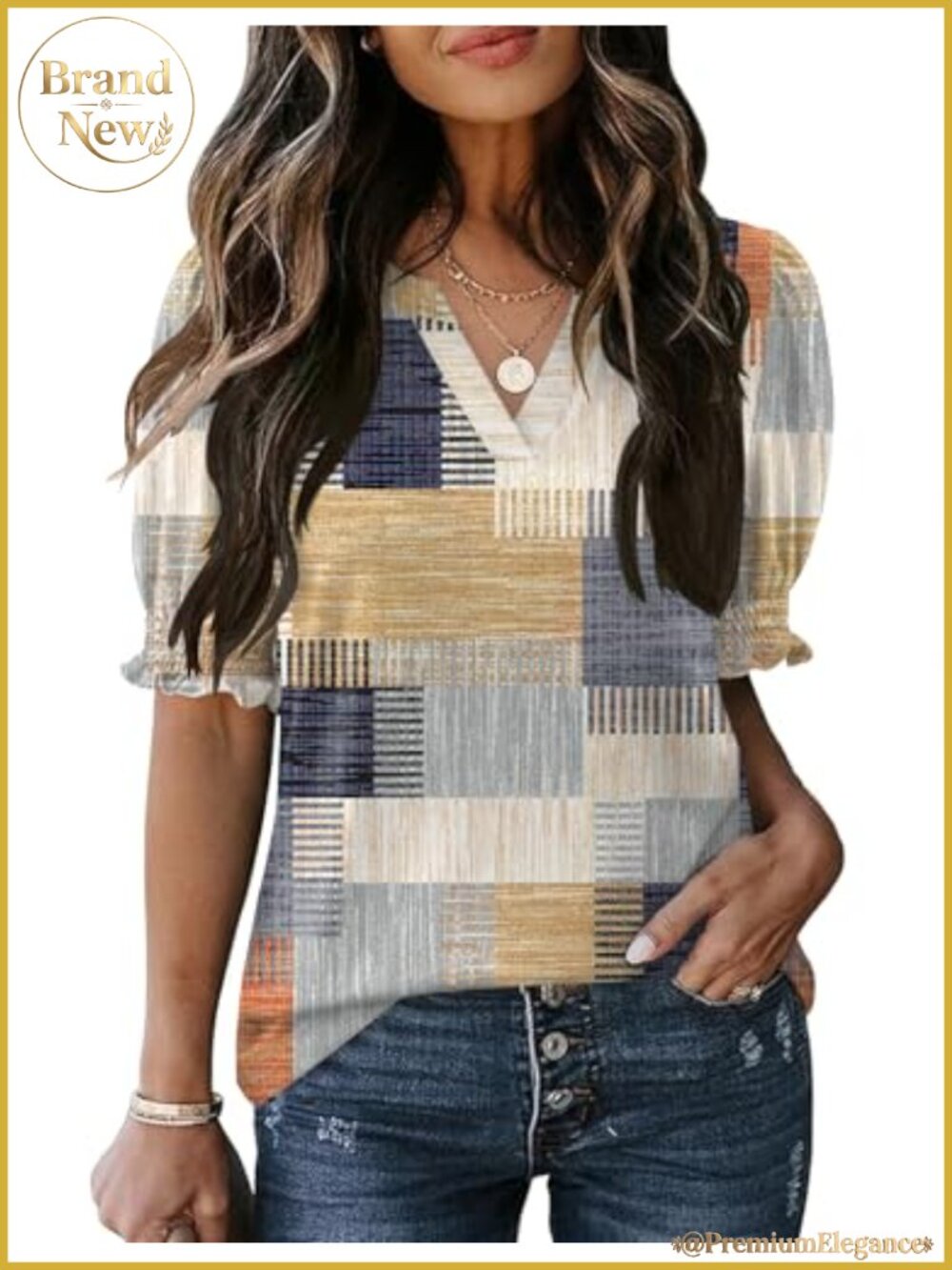 Women's V-Neck Puff Sleeve T-Shirt Summer Blouse Stretchy Knit - Picture 1 of 6